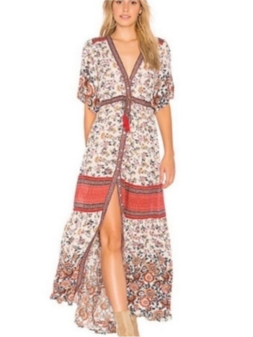 Spell Bohemian Floral Border Maxi Dress in Ivory and Rust